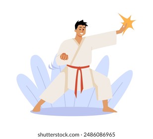 Ilustración vectorial de un personaje que practica karate. Un hombre de dibujos animados en un kimono con un cinturón rojo haciendo artes marciales y realizando una patada en el brazo. Estilo plano, fondo aislado.