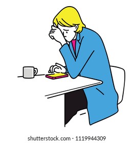 Vector illustration character of woman, sitting at coffee shop, using and touching smartphone's screen, playing social network with unhappy expression. Linear, thin line art, hand drawn sketch.