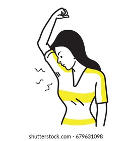 Vector illustration character of woman sniffing and smelling her bad smell wet armpit. Bad feeling facial emotion expression. Outline hand draw sketching simple style.