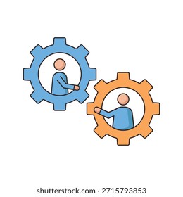 Ilustración vectorial de un personaje que trabaja en un sistema de engranajes, que representa el concepto de cooperación, asistencia técnica y mantenimiento comercial. Este elemento visual es ideal para explicar procesos complejos, servicios de Asistencia mecánica y mejoras en la estructura organizativa. Diseño plano de alta calidad aislado sobre fondo blanco.