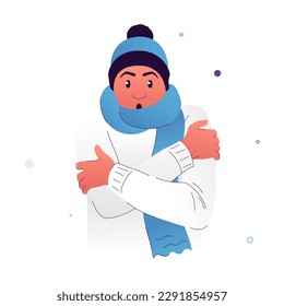 Vector illustration of a character wrapped in a scarf. The man is shivering from the cold. A person has a cold that causes coldness in the head and throat. Symptoms of viral infections, colds, flu.