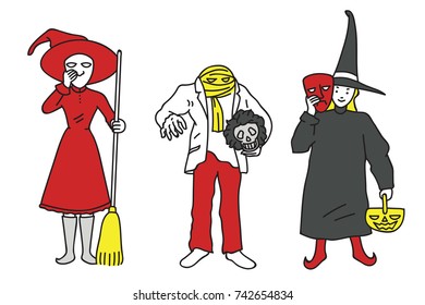 Vector illustration character of young adult dressed in Halloween costumes. Outline, linear, thin line art, doodle, cartoon, hand drawn sketch design.