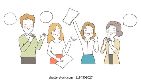 Vector illustration character young business man woman clapping hands so happy.Isolated on white color.Draw doodle cartoon style.