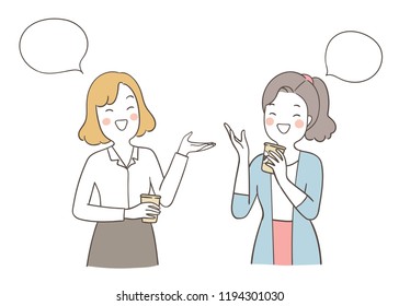 Vector illustration character young business woman drink coffee in relax time and talking so funny.Isolated on white color.Draw doodle cartoon style.