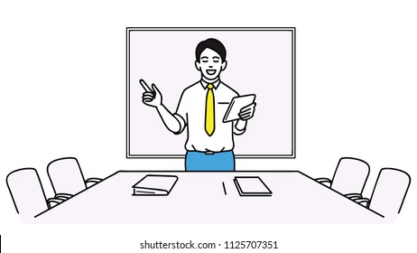 Vector illustration character of young businessman, preparing himself for upcoming meeting. Outline, linear, thin line art, hand drawn sketch. 