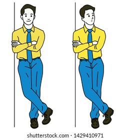 Vector illustration character of young businessman standing and lean against the wall, thinking somthing and smiling. Full length or body. Linear, thin line art, simple design. 