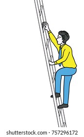 Vector illustration character of young businessman climbing ladder, business concept in progression, reaching goal, or moving up. Outline, linear, thin line art, hand drawn sketch. 