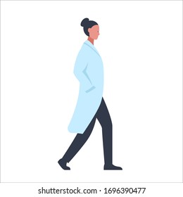 Vector illustration of a character of a young female doctor walikng in a medical gown. It represents a concept of doctors work, medical protection and health safety