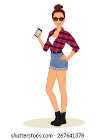 Vector illustration of a character. A young girl in fashionable clothes hipster shows mobile phone