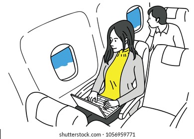 Vector illustration character of young pretty woman, working on laptop in airplane, sitting near window, looking out in happy expression. Outline, linear, thin line art, hand drawn sketch.