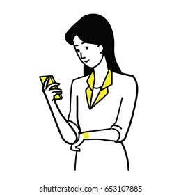 Vector illustration character of young pretty businesswoman holding and using smartphone. Line draw, sketch, doodle style. 