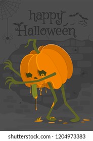 Vector illustration character zombie pumpkin on a dark background Halloween