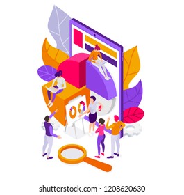 vector illustration. characters are analyzing data and statistics. people conduct analytics, and confer in the workplace. flat isometric graphics business science and research.