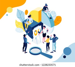 vector illustration. characters are analyzing data and statistics. people conduct analytics, and confer in the workplace. flat isometric graphics business science and research.