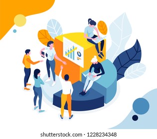 vector illustration. characters are analyzing data and statistics. people conduct analytics, and confer in the workplace. flat isometric graphics business science and research.