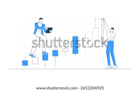 Vector illustration of characters analyzing a stock market chart. Person climbing candlesticks like stairs. Concept of trade, analysis, growth, investment, and financial strategy. Digital business