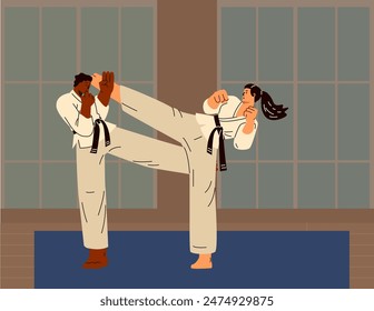 Ilustración vectorial de personajes en una sala interior de estilo asiático que practican karate. Entrenamiento de arte marcial. Un hombre afroamericano en un kimono con un cinturón negro luchando con una mujer. Estilo plano.