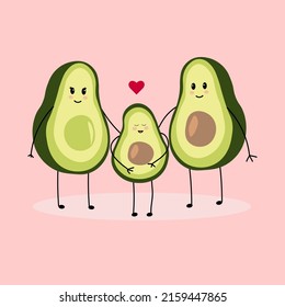 Caracteres de ilustración vectorial familia de aguacates. Familia Vector Vocado. En un fondo rosado. Caracteres para postales, empaque.