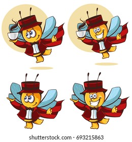 Vector illustration of characters bees. Bees and coffee. Bee in a red coat isolated on white background