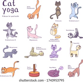 Ilustración vectorial de los personajes del yoga del gato. Conjunto de gatos en asanas. Para imprimir en ropa o productos.