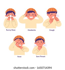 vector illustration characters of children experiencing symptoms due to fever, flu, bacteria or viruses, a child who has symptoms of decreased endurance due to viruses or infections 