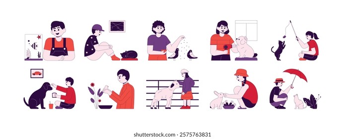 Vector illustration characters of children and pets, playing and feeding various kinds of animals, cheerful and happy.