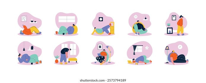 Vector illustration characters with the concept of laziness, walking, lying and leaning without enthusiasm.