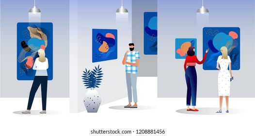 Vector illustration. Characters design. Exhibition visitors viewing modern abstract paintings at contemporary art gallery. People regarding creative artworks or exhibits in museum. Modern art. 