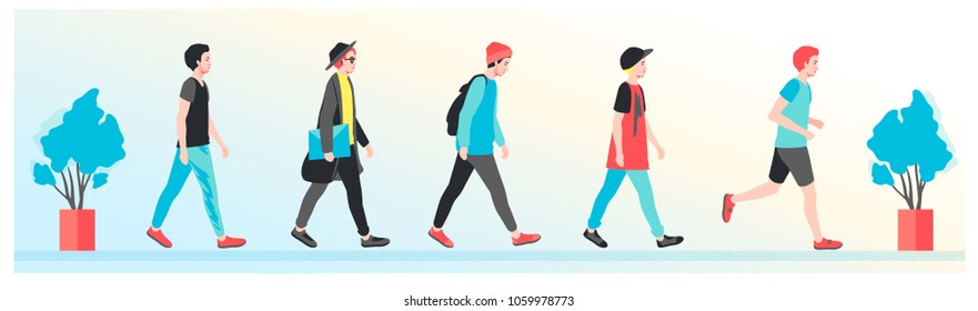 Vector illustration, characters design, men's fashion. Different mens walking.