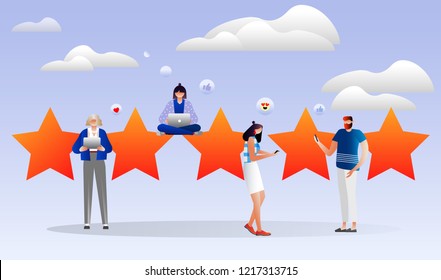 	
vector illustration. characters design. people leave online reviews about purchased products through the Internet, satisfied customers, the best work, high price 5 stars, successful work is the high