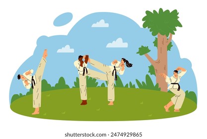 Vector illustration of characters doing karate in nature. Outdoor martial arts training. Men and women in poses and pairing hone their skills. Isolated sticker in flat style.