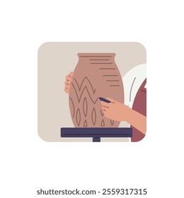 Vector illustration of a character's hands forming a pattern on a clay vase. Making ceramic pottery. Close-up of the process in a square frame. Handmade. Flat cartoon style.