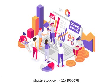 vector illustration. characters make an analysis of statistics and data. people consider on a laptop the presentation of the report in the form of infographics, confer at the workplace. Flat Isometric vector illustration. characters make an analysis of statistics and data. people consider on a laptop the presentation of the report in the form of infographics, confer at the workplace. Flat Isometric
