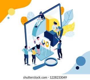 vector illustration. characters make an analysis of statistics and data. people consider on a laptop the presentation of the report in the form of infographics, confer at the workplace. Flat Isometric