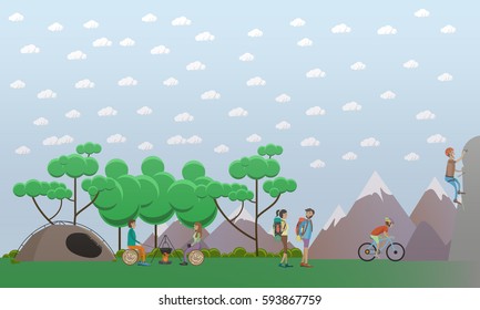 Vector illustration of characters making meal on the open fire, climbing up the rock, hiking, riding bicycle. Hiking in mountains concept design element in flat style.