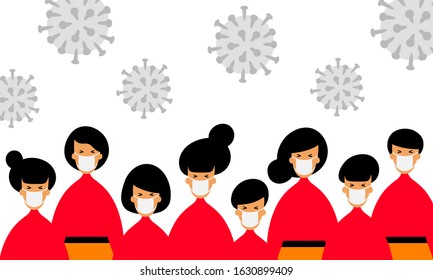 Vector illustration of a characters in medical face mask and virus grey sign - Prevention concept of middle east respiratory syndrome, asian flu - 2019-nCoV novel coronavirus of Wuhan