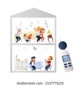 Vector illustration with characters neighbors. From above, the neighbors are making noise, dancing and jumping. Others are annoyed by noise. Concept of noise measurement.