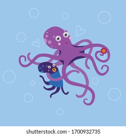 Ilustración vectorial personajes pulpo mamá y bebé