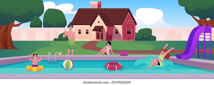 Vector illustration of characters relaxing in swimming pool at house backyard. Family with kids swimming in pool, slide, and drinking drinks in garden near villa. Flat cartoon style. Summer vacation.