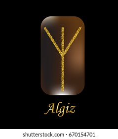Vector illustration of characters rune gold dust on a wooden form on a black background.