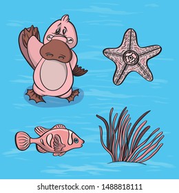 Vector illustration characters sea inhabitants platypus and mollusks with algae on a textured background