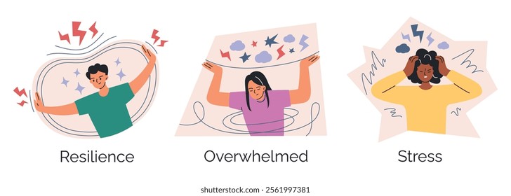 Vector illustration characters, set of three emotional states, resilience, overwhelmed, and stress. Mental health compositions, emotional wel being, and psychology themes in flat cartoon style