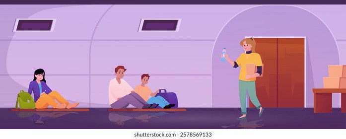 Vector illustration of characters sitting on the floor in a temporary shelter, volunteers are delivering water. Men and women in an underground bunker. Support during a crisis. Flat style.
