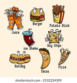 ilustração vetorial de caracteres de vários tipos de alimentos