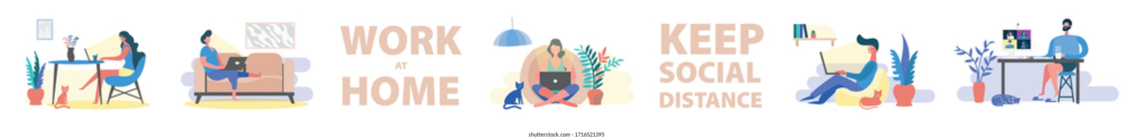 Vector illustration with characters who work at home, observing quarantine and social distance when threatened by an epidemic. Remote work at the time of isolation. - Shutterstock ID 1716521395