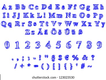 Vector illustration of a characterset in blue on white background
