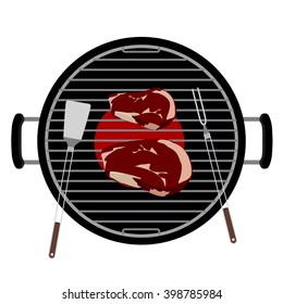 Vector illustration charcoal barbecue grill  top view. Grilled beef steak meat and barbecue tools turner and fork grilling utensils 