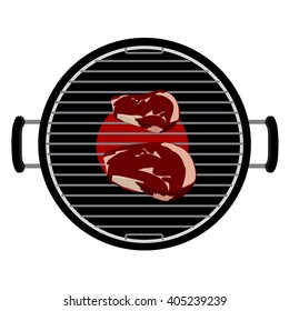 Vector illustration charcoal barbecue grill top view. bbq and grilled beef steak meat on it