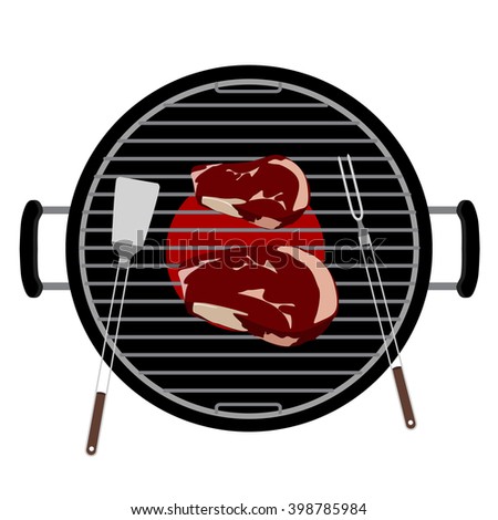 Vector illustration charcoal barbecue grill  top view. Grilled beef steak meat and barbecue tools turner and fork grilling utensils 