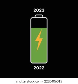 Vector illustration charging battery from 2022 to 2023. Illustration of new year time changing.